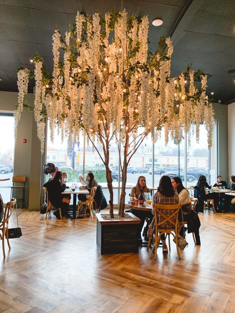 Artificial Wisteria Tree accents dining area of New Jersey Restaurant