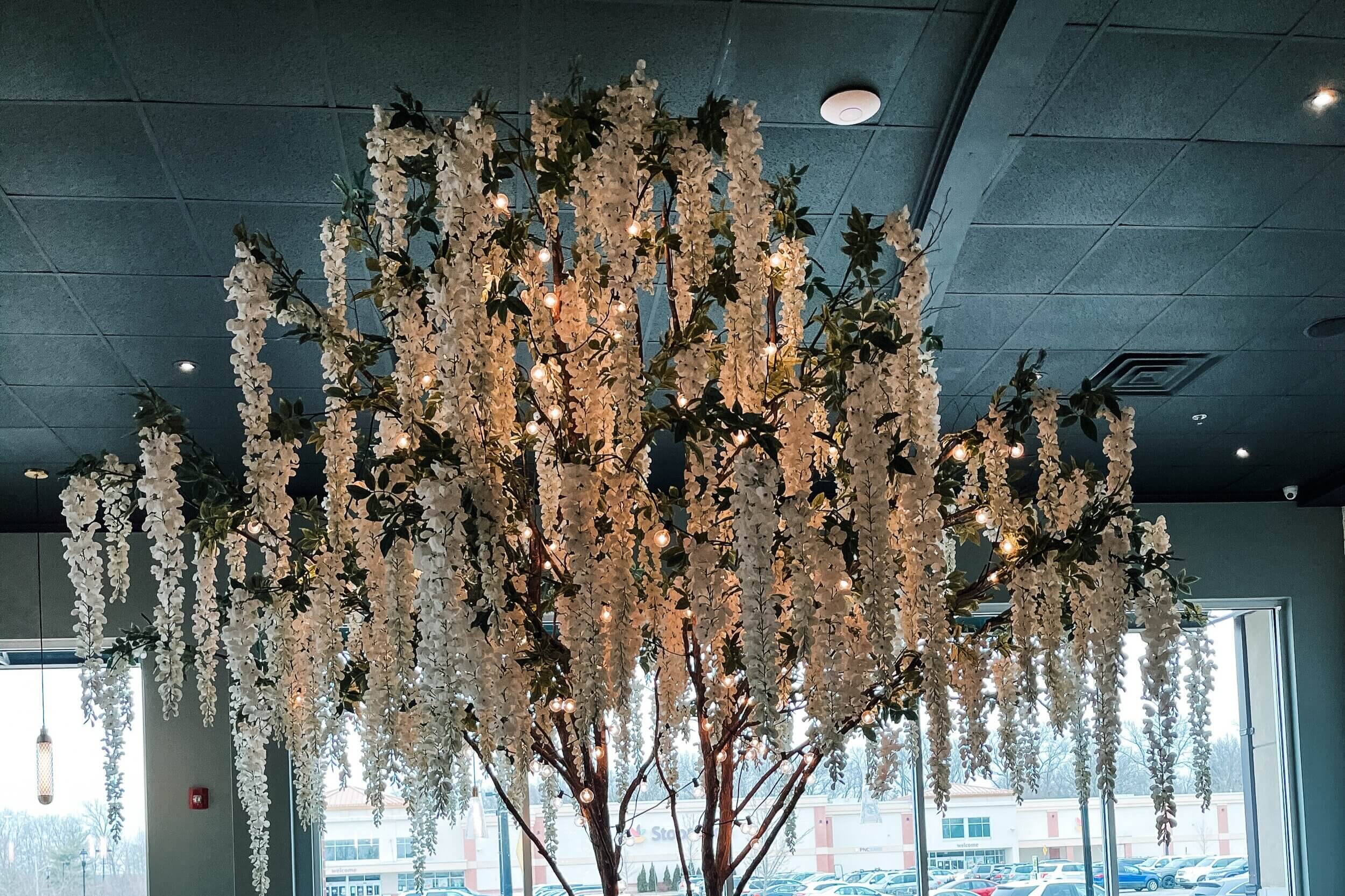 Artificial Wisteria Tree also provides accent lighting for New Jersey Restaurant