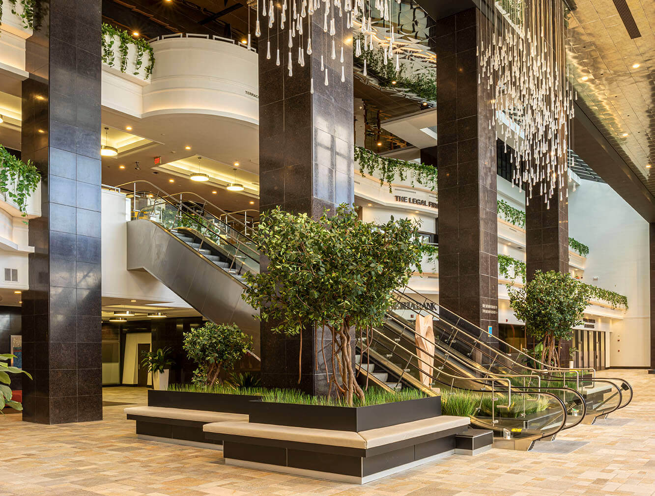 Wide angle view of Artficial Mangrove Trees and Artficial Onion Grass surrounding escalators at Datran Business Center