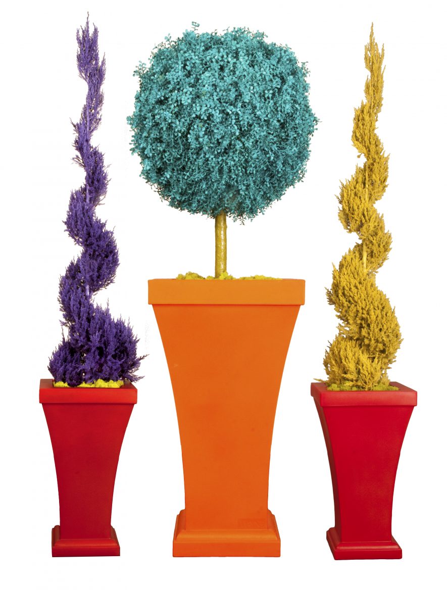 Fabricated Colorful Sphere and Spiral Topiary Trees