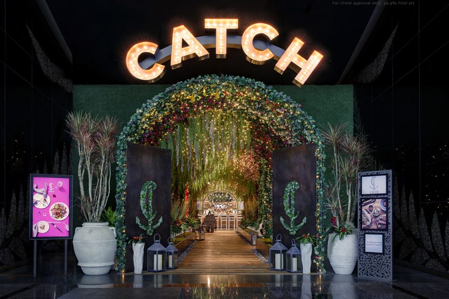 Faux floral wall tunnel at entrance to CATCH Restaurant at Aria Resort Las Vegas