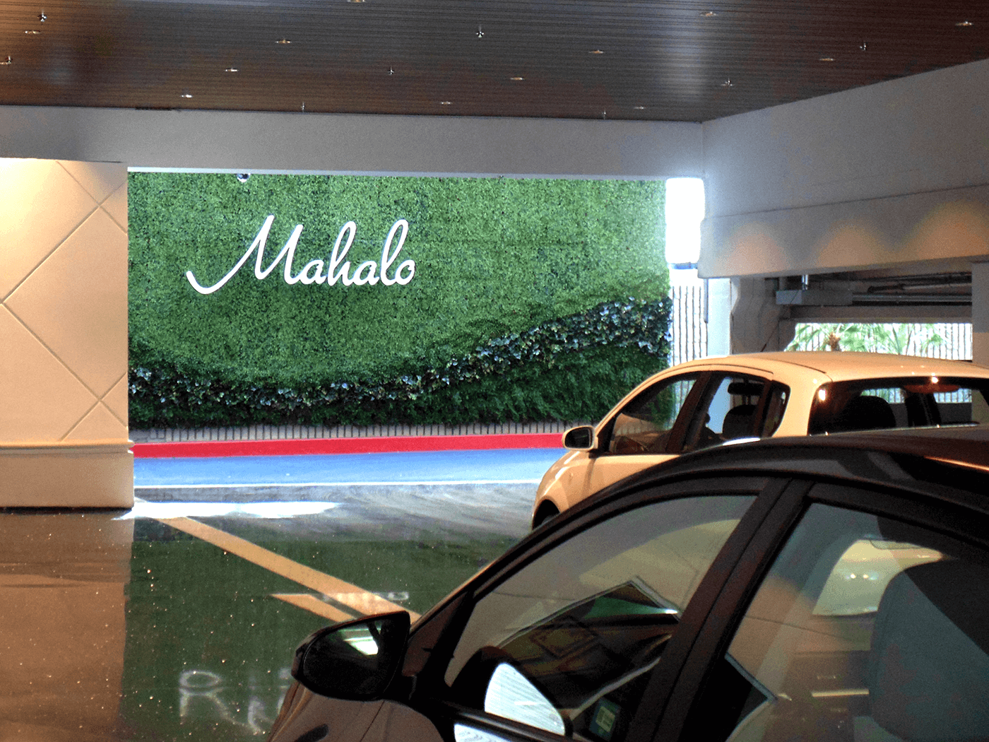 View inside parking structure of Mahalo Green Wall at California Hotel Las Vegas