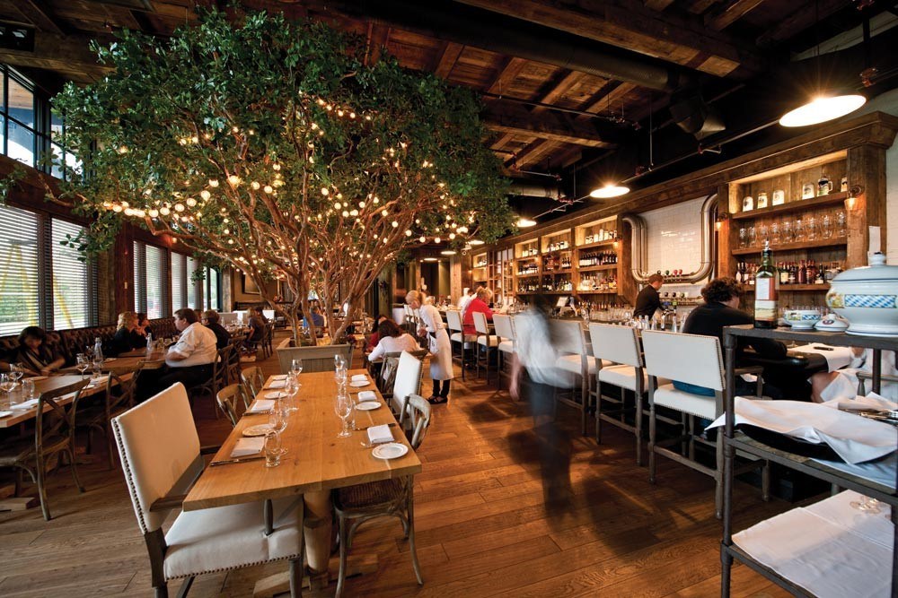 Wide angle view showing dining area, bar, and Artificial Black Olive Tree in Calgary Restaurant