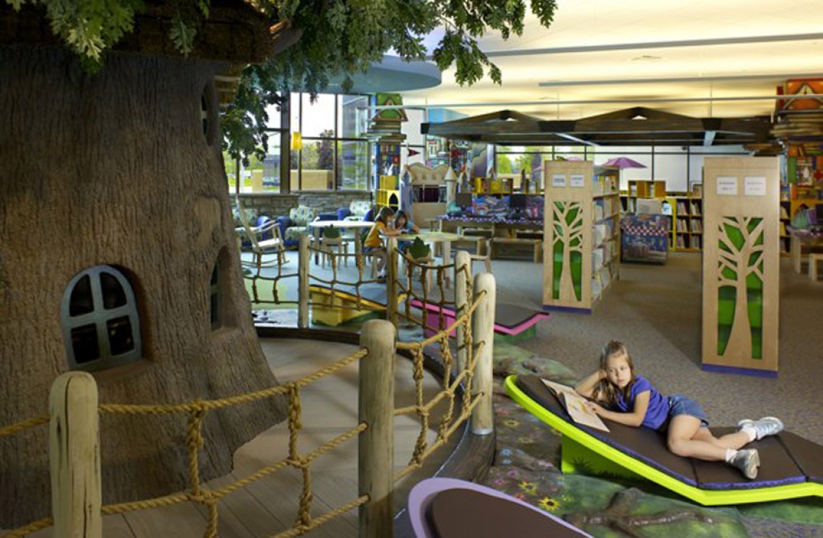 Reading stations next to Reader's Treehouse in Library