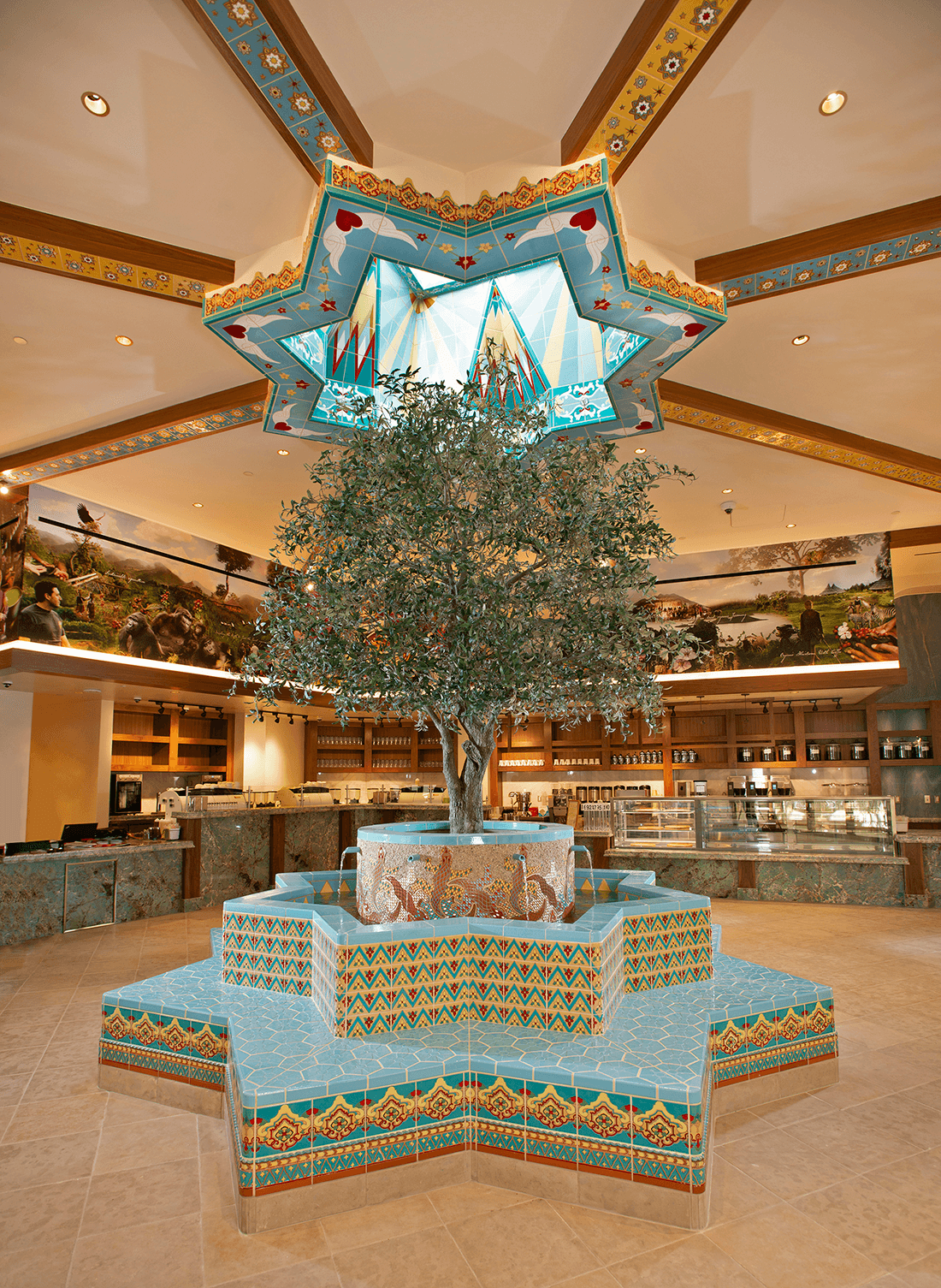 Fabricated Mediterranean Olive Tree with Malibu tile mosaic fountain base at Las Vegas Cafe